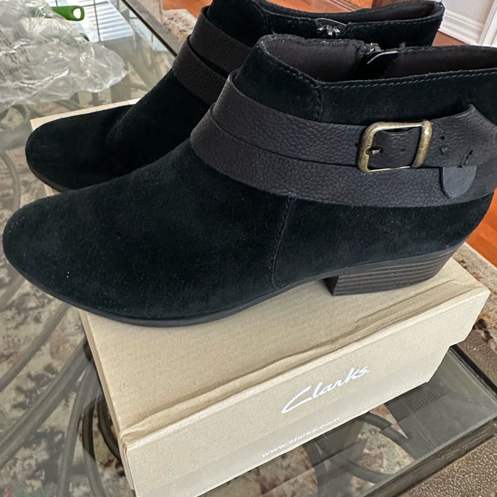 Clarks Black Suede Ankle Booties with Buckle